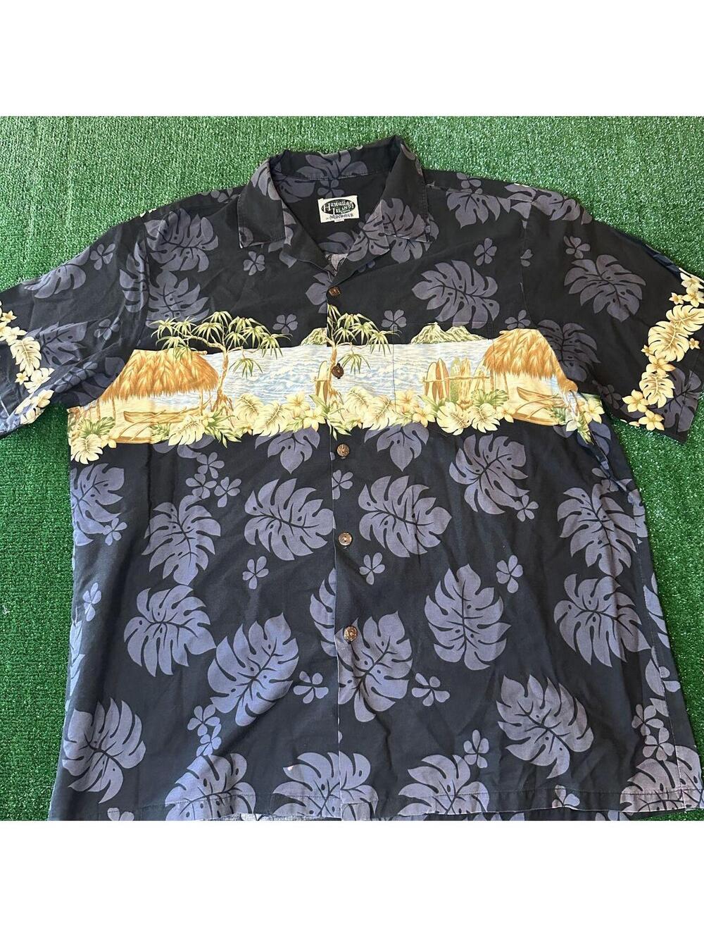 VTG Hawaiian Island Tropical Beach Scene Aloha Button Down